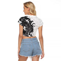 Hawaiian And Japanese Culture Raglan Cropped T Shirt Irezumi Dragon With Polynesian Pattern White - Polynesian Pride