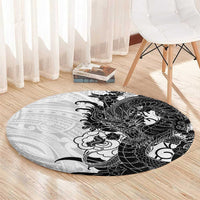 Hawaiian And Japanese Culture Round Carpet Irezumi Dragon With Polynesian Pattern White - Polynesian Pride