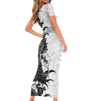 Hawaiian And Japanese Culture Short Sleeve Bodycon Dress Irezumi Dragon With Polynesian Pattern White LT05 - Polynesian Pride