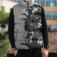 Hawaiian And Japanese Culture Sleeveless Puffer Jacket Irezumi Dragon With Polynesian Pattern White - Polynesian Pride