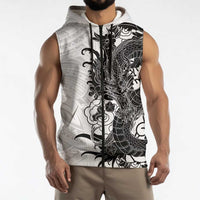 Hawaiian And Japanese Culture Sleeveless Zip Hoodie Irezumi Dragon With Polynesian Pattern White - Polynesian Pride