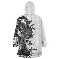 Hawaiian And Japanese Culture Wearable Blanket Hoodie Irezumi Dragon With Polynesian Pattern White - Polynesian Pride