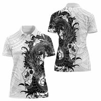 Hawaiian And Japanese Culture Women Polo Shirt Irezumi Dragon With Polynesian Pattern White - Polynesian Pride