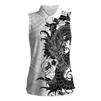 Hawaiian And Japanese Culture Women Sleeveless Polo Shirt Irezumi Dragon With Polynesian Pattern White - Polynesian Pride