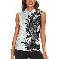 Hawaiian And Japanese Culture Women Sleeveless Polo Shirt Irezumi Dragon With Polynesian Pattern White - Polynesian Pride