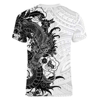 Hawaiian And Japanese Culture Women V-Neck T-Shirt Irezumi Dragon With Polynesian Pattern White - Polynesian Pride