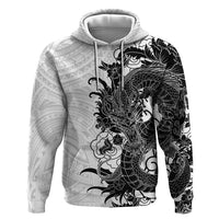Hawaiian And Japanese Culture Zip Hoodie Irezumi Dragon With Polynesian Pattern White - Polynesian Pride