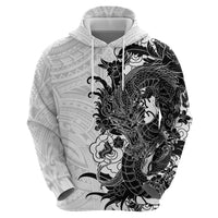 Hawaiian And Japanese Culture Zip Hoodie Irezumi Dragon With Polynesian Pattern White - Polynesian Pride
