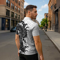 Hawaiian And Japanese Culture Zipper Polo Shirt Irezumi Dragon With Polynesian Pattern White - Polynesian Pride