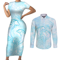 Polynesia Dolphins Under The Sea Couples Matching Short Sleeve Bodycon Dress and Long Sleeve Button Shirt Simple Style LT05 Baby Blue - Polynesian Pride