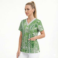 Green Hawaii Tapa Pattern Scrub Top With Heliconia Vintage Style LT05 - Polynesian Pride