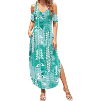 Teal Hawaii Tapa Pattern Family Matching Summer Maxi Dress and Hawaiian Shirt With Heliconia Vintage Style LT05 Mom's Dress Teal - Polynesian Pride