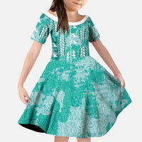 Teal Hawaii Tapa Pattern Kid Short Sleeve Dress With Heliconia Vintage Style LT05 KID Teal - Polynesian Pride