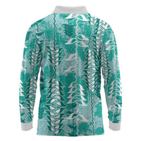 Teal Hawaii Tapa Pattern Long Sleeve Polo Shirt With Heliconia Vintage Style LT05 - Polynesian Pride