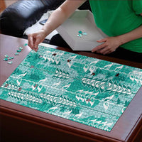 Teal Hawaii Tapa Pattern Puzzle With Heliconia Vintage Style LT05 - Polynesian Pride