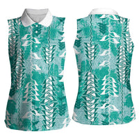 Teal Hawaii Tapa Pattern Women Sleeveless Polo Shirt With Heliconia Vintage Style LT05 - Polynesian Pride