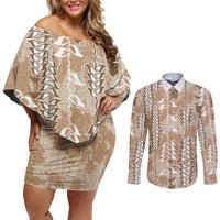 Beige Hawaii Tapa Pattern Couples Matching Off Shoulder Short Dress and Long Sleeve Button Shirt With Heliconia Vintage Style LT05 Beige - Polynesian Pride