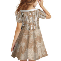 Beige Hawaii Tapa Pattern Kid Short Sleeve Dress With Heliconia Vintage Style LT05 - Polynesian Pride