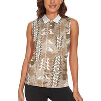 Beige Hawaii Tapa Pattern Women Sleeveless Polo Shirt With Heliconia Vintage Style LT05 - Polynesian Pride