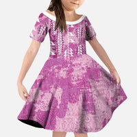 Magenta Hawaii Tapa Pattern Kid Short Sleeve Dress With Heliconia Vintage Style LT05 KID Magenta - Polynesian Pride