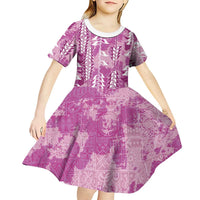 Magenta Hawaii Tapa Pattern Kid Short Sleeve Dress With Heliconia Vintage Style LT05 - Polynesian Pride