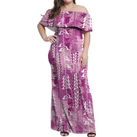 Magenta Hawaii Tapa Pattern Off Shoulder Maxi Dress With Heliconia Vintage Style LT05 Women Magenta - Polynesian Pride