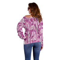 Magenta Hawaii Tapa Pattern Off Shoulder Sweater With Heliconia Vintage Style LT05 - Polynesian Pride
