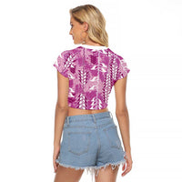 Magenta Hawaii Tapa Pattern Raglan Cropped T Shirt With Heliconia Vintage Style LT05 - Polynesian Pride