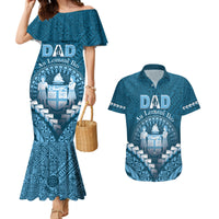 Personalised Fiji Happy Father's Day Couples Matching Mermaid Dress and Hawaiian Shirt Au Lomani Iko Dad Polynesian Tribal LT05 Blue - Polynesian Pride