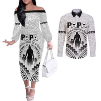 Personalised New Zealand Happy Father's Day Couples Matching Off The Shoulder Long Sleeve Dress and Long Sleeve Button Shirt Aroha Ahau Ki A Koe Papa Polynesian Tribal LT05 White - Polynesian Pride