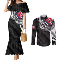 Hawaii Flag Day Couples Matching Mermaid Dress and Long Sleeve Button Shirt Hawaiian Maile Lei LT05 Black - Polynesian Pride