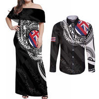 Hawaii Flag Day Couples Matching Off Shoulder Maxi Dress and Long Sleeve Button Shirt Hawaiian Maile Lei