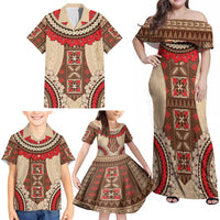 Samoa Language Week Family Matching Off Shoulder Maxi Dress and Hawaiian Shirt Samoan Motif With Red Hibiscus