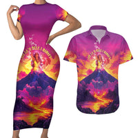 Hawaii Kilauea Volcano Couples Matching Short Sleeve Bodycon Dress and Hawaiian Shirt There Is Pele Goddess Of The Volcano LT05 Purple - Polynesian Pride
