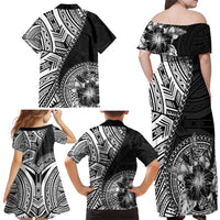 Hibiscus With Black Austronesian Tattoo Pattern Family Matching Off Shoulder Maxi Dress and Hawaiian Shirt - Polynesian Pride