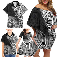 Hibiscus With Black Austronesian Tattoo Pattern Family Matching Off Shoulder Short Dress and Hawaiian Shirt - Polynesian Pride