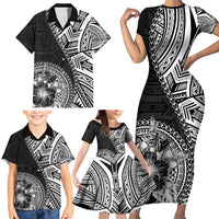Hibiscus With Black Austronesian Tattoo Pattern Family Matching Short Sleeve Bodycon Dress and Hawaiian Shirt LT05 - Polynesian Pride