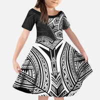 Hibiscus With Black Austronesian Tattoo Pattern Kid Short Sleeve Dress - Polynesian Pride