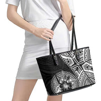 Hibiscus With Black Austronesian Tattoo Pattern Leather Tote Bag LT05 - Polynesian Pride