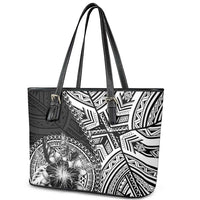 Hibiscus With Black Austronesian Tattoo Pattern Leather Tote Bag LT05 - Polynesian Pride