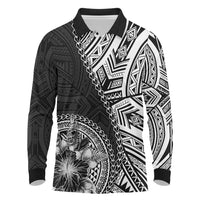 Hibiscus With Black Austronesian Tattoo Pattern Long Sleeve Polo Shirt LT05 Black - Polynesian Pride