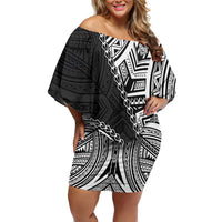 Hibiscus With Black Austronesian Tattoo Pattern Off Shoulder Short Dress LT05 Women Black - Polynesian Pride