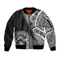 Hibiscus With Black Austronesian Tattoo Pattern Sleeve Zip Bomber Jacket LT05 Unisex Black - Polynesian Pride
