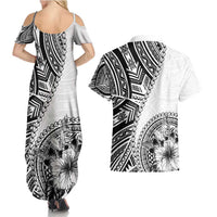 Hibiscus With White Austronesian Tattoo Pattern Couples Matching Summer Maxi Dress and Hawaiian Shirt LT05 - Polynesian Pride