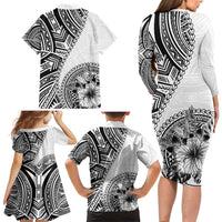Hibiscus With White Austronesian Tattoo Pattern Family Matching Long Sleeve Bodycon Dress and Hawaiian Shirt LT05 - Polynesian Pride