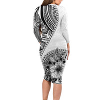Hibiscus With White Austronesian Tattoo Pattern Family Matching Long Sleeve Bodycon Dress and Hawaiian Shirt LT05 - Polynesian Pride
