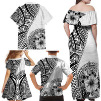 Hibiscus With White Austronesian Tattoo Pattern Family Matching Off Shoulder Maxi Dress and Hawaiian Shirt - Polynesian Pride