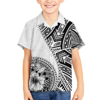Hibiscus With White Austronesian Tattoo Pattern Family Matching Short Sleeve Bodycon Dress and Hawaiian Shirt LT05 Son's Shirt White - Polynesian Pride