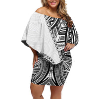 Hibiscus With White Austronesian Tattoo Pattern Off Shoulder Short Dress LT05 Women White - Polynesian Pride