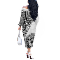 Hibiscus With White Austronesian Tattoo Pattern Off The Shoulder Long Sleeve Dress LT05 - Polynesian Pride